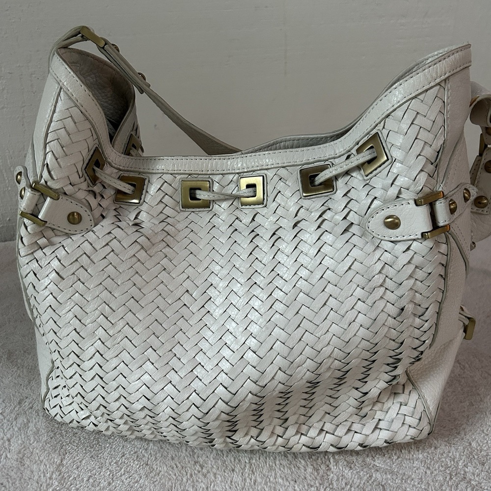 Cole Haan "Village Weave" SU06 Ivory Leather Woven Shoulder Bag Tote Boho Chic - Picture 4 of 12